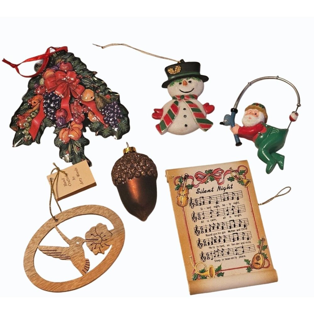 Vintage Christmas Tree Ornaments Holiday Snowman Decorations Santa  Lot of 6